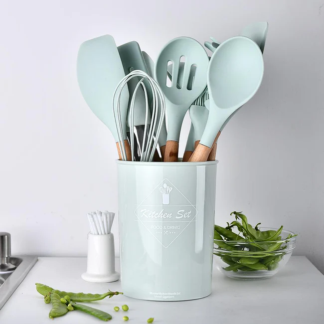 (free home deliver) 12 Pcs Silicone & Heat Resistant Spoons Set with Long Wooden Handle Kitchen Utensils Set - Image 3