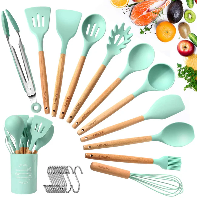 (free home deliver) 12 Pcs Silicone & Heat Resistant Spoons Set with Long Wooden Handle Kitchen Utensils Set - Image 2