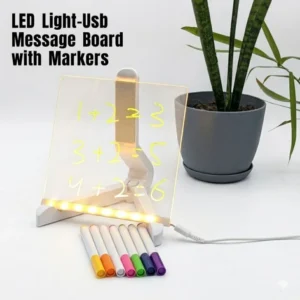 8x8 Inches LED Acrylic Writing Board with USB Light | 7 Colorful Erasable Pens | Message Board with Markers & Stand