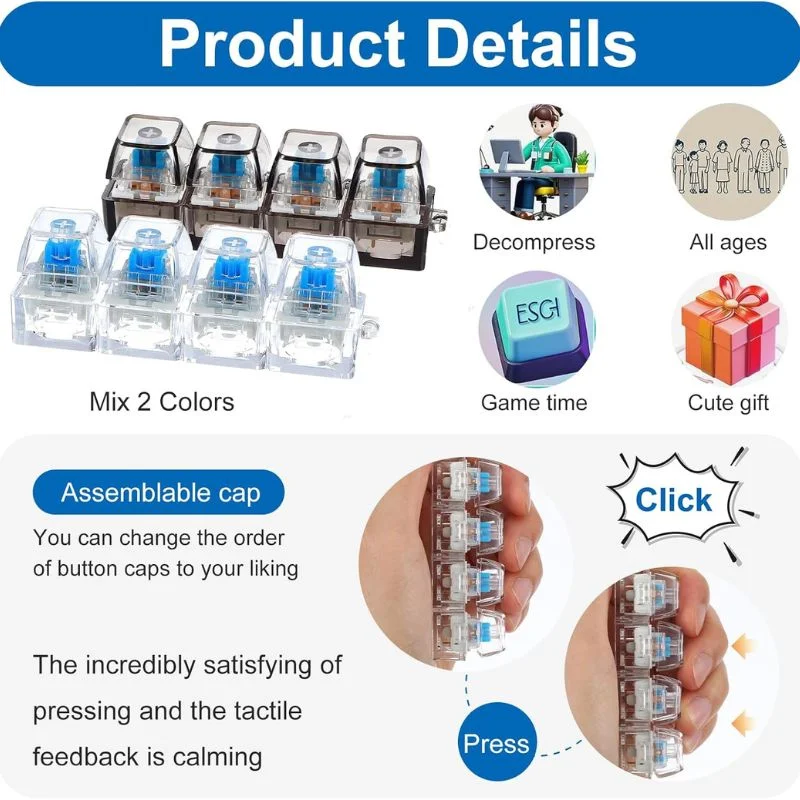 4-Key Mechanical Keyboard Clicker Keychain | Portable Mechanical Switch Fidget Toy | Stress Relief Finger Clicker | Tactile Keyboard Keychain with light | Random Color - Image 5